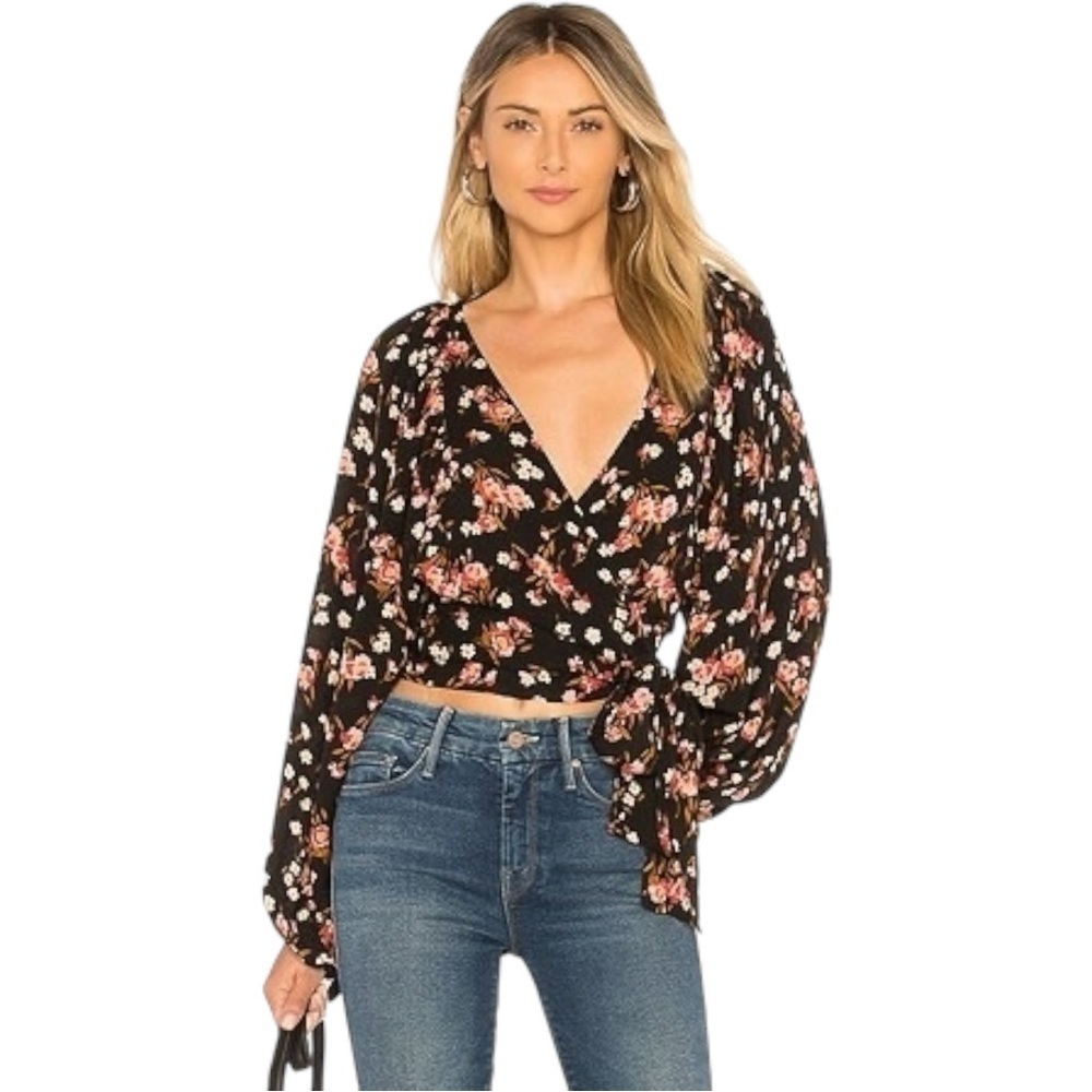 A.L.C. Carla Floral 100% Silk Wrap Crop Top Blouse Balloon Sleeves Black Small 6 - Picture 4 of 14